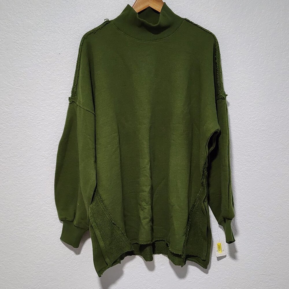 Free People Oversized Mock Neck Pullover Olive Green Small Relaxed Boxy Fit NWT